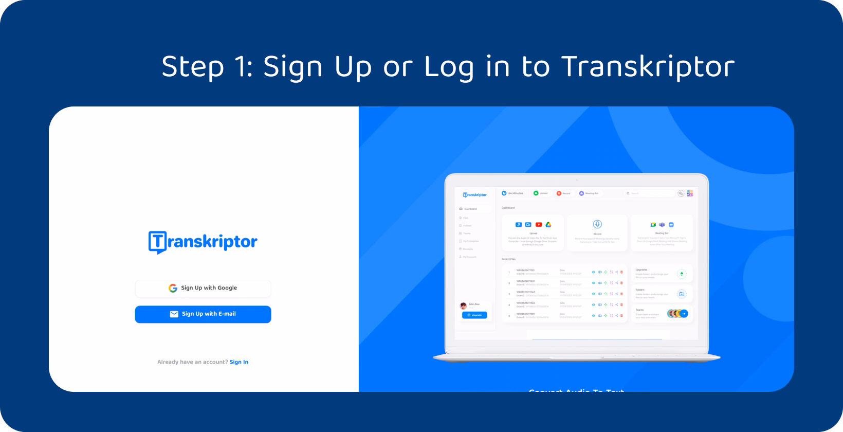 Transkriptor interface showcasing signup process to transcribe audio efficiently and quickly.