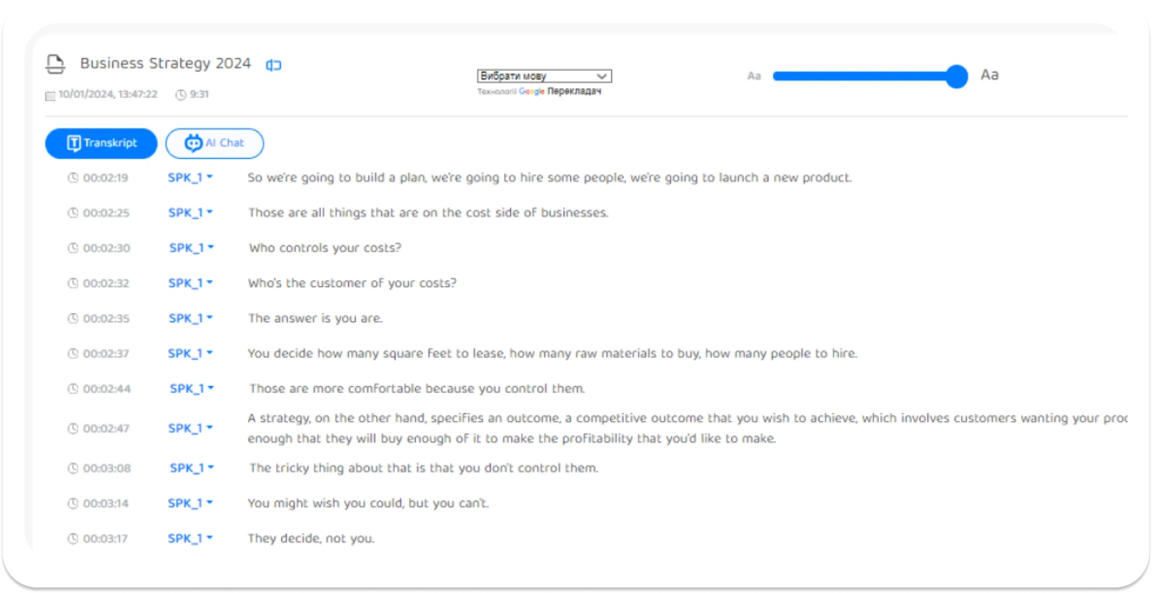 Interface of Transkriptor showing a transcribed business strategy session, ready for conversion to movie subtitles.
