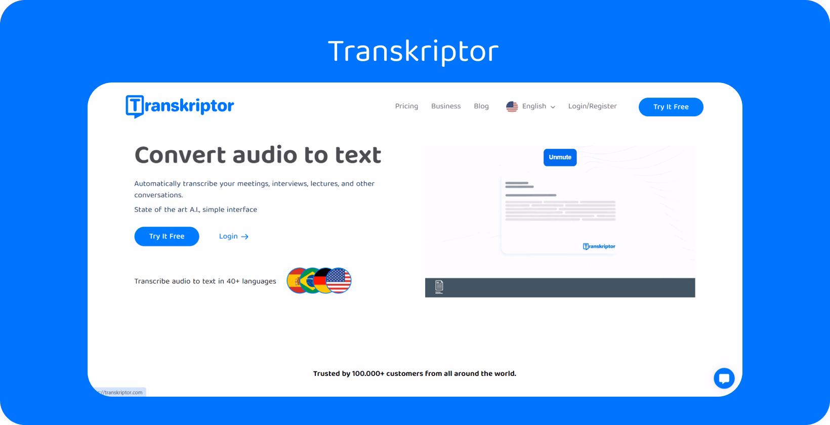 Transkriptor home page showcasing AI-powered audio to text conversion, enhancing note-taking efficiency.