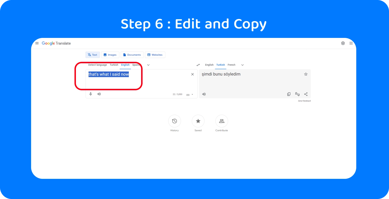 Translation completed on Google Translate, showcasing successful audio to text conversion in Step 5.