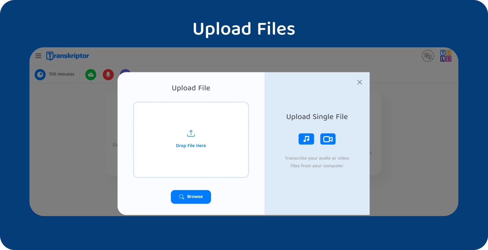 Transkriptor's interface with a record button, demonstrating the transcription of live interviews for research.