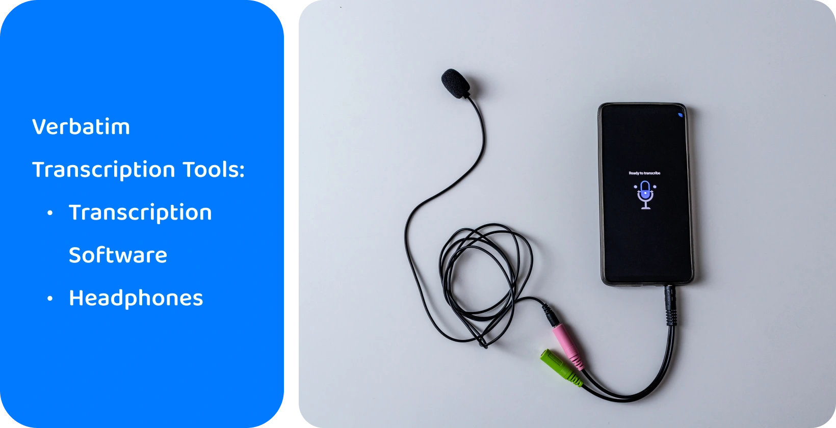 A smartphone with transcription software on the screen connected to a lavalier microphone, showcasing essential verbatim transcription tools.