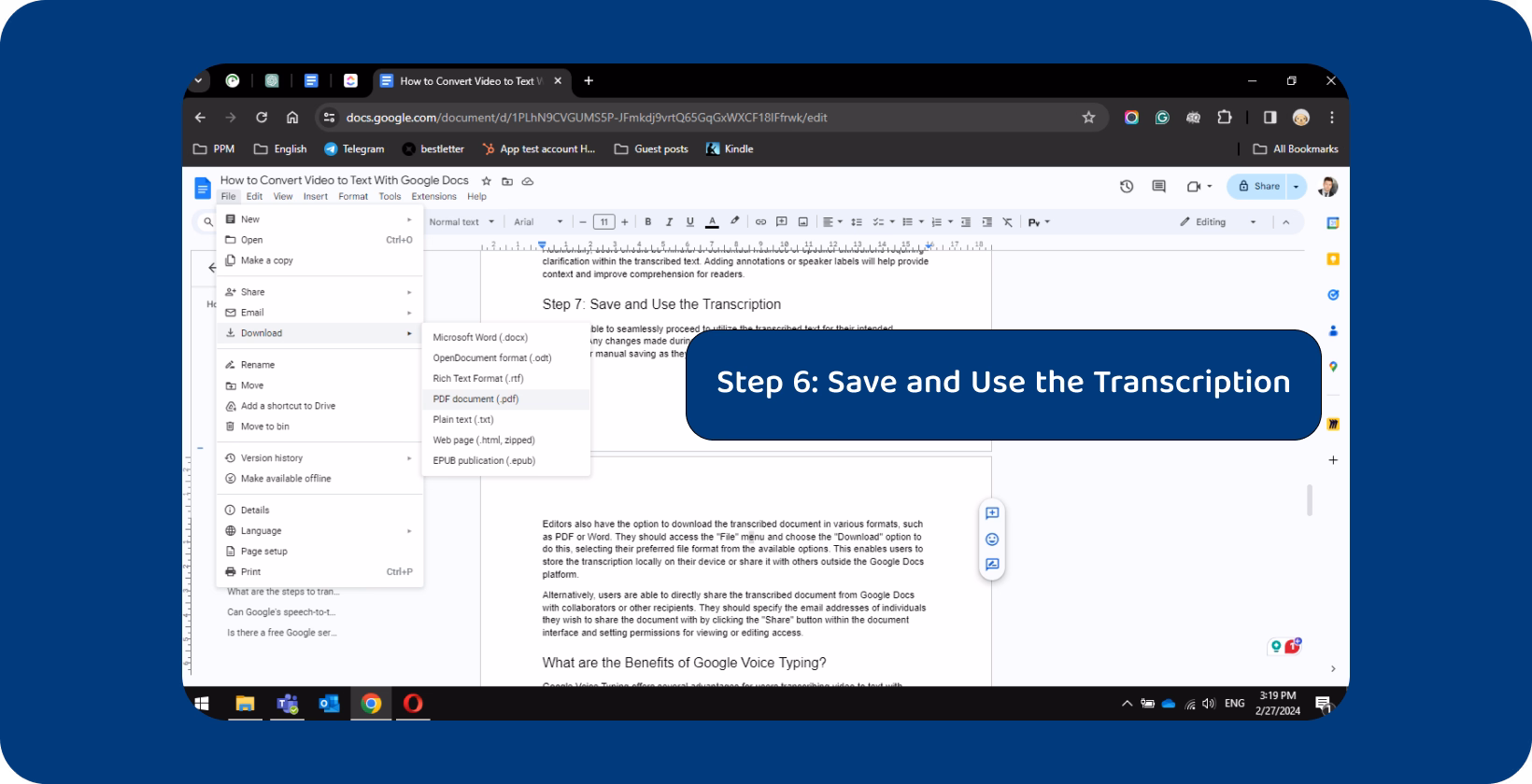 Google Docs tutorial showing step 6 in converting video to text, highlighting the save and use transcription process.