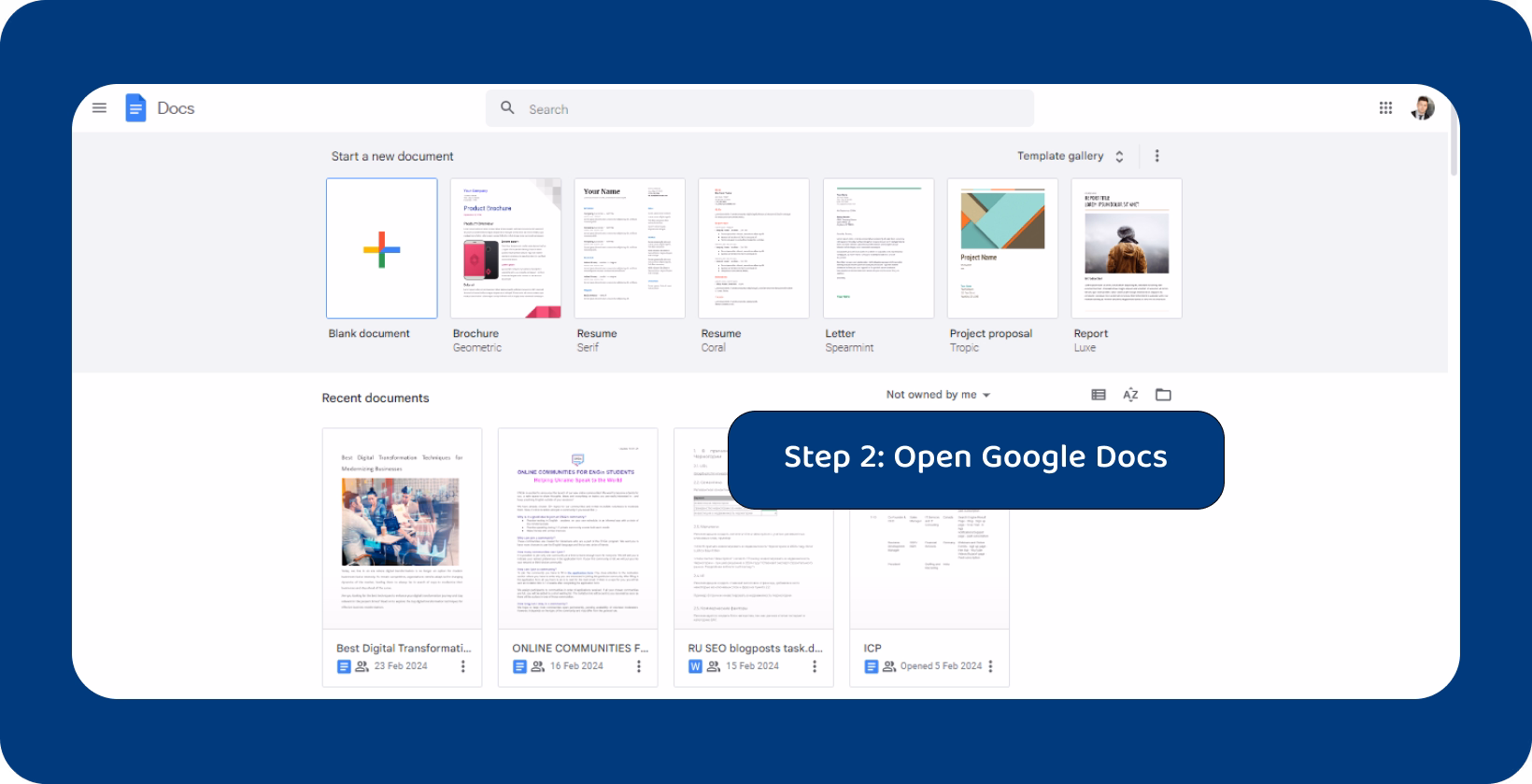 Google Docs interface showing the option to start a new document, essential for converting video to text efficiently.