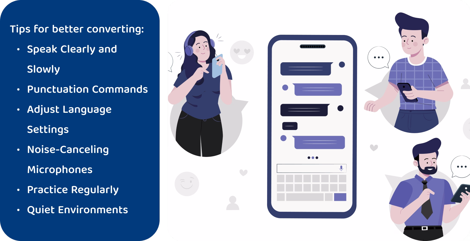 Samsung device showcasing voice to text feature with illustrated people using dictation tips for accurate transcription.