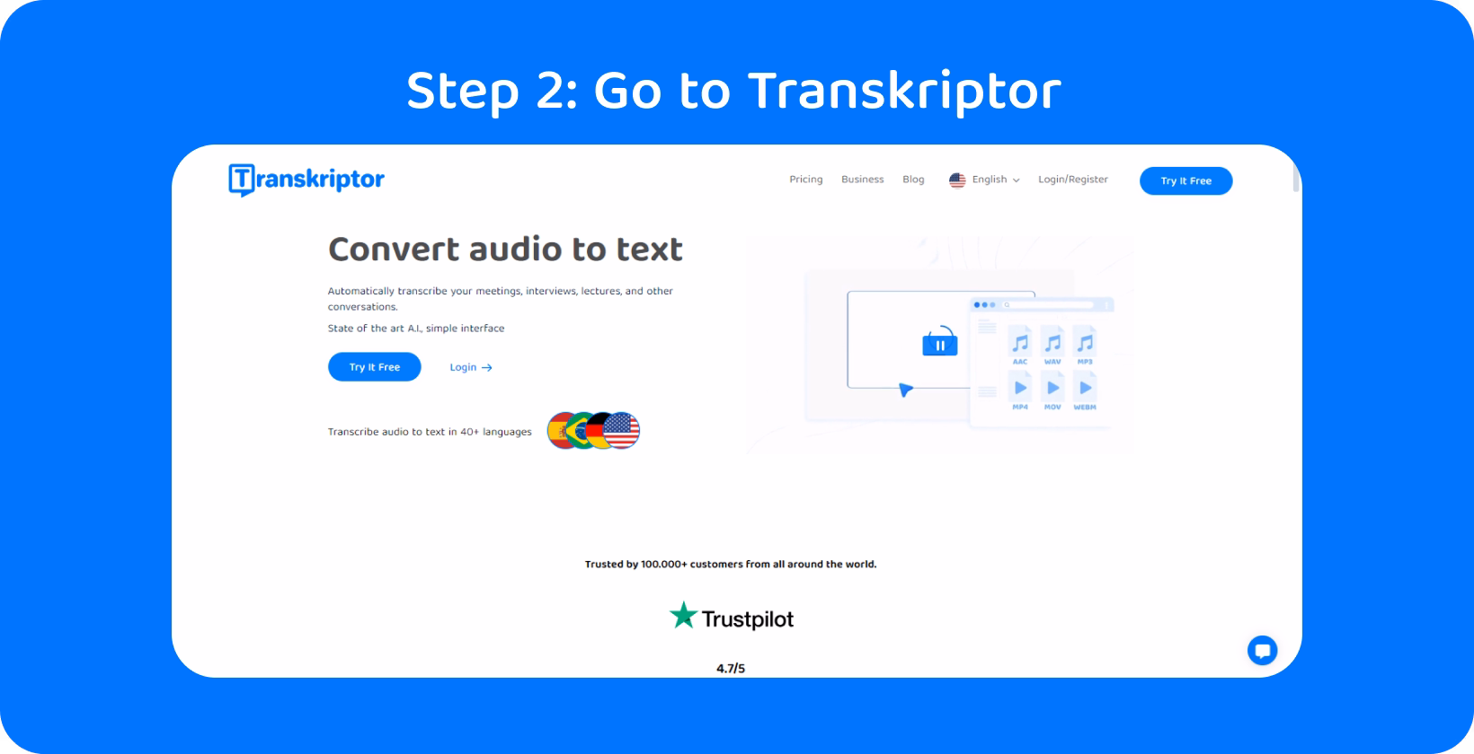 Telegram voice to text step showing Transkriptor interface with options to transcribe audio in various languages.