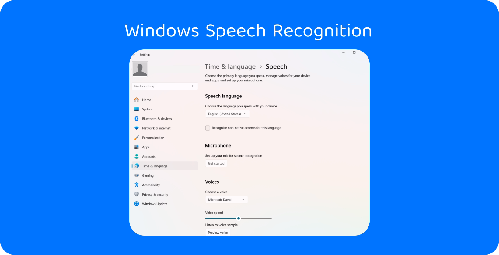 Windows settings window depicting options for speech language and microphone setup to enhance writing efficiency.
