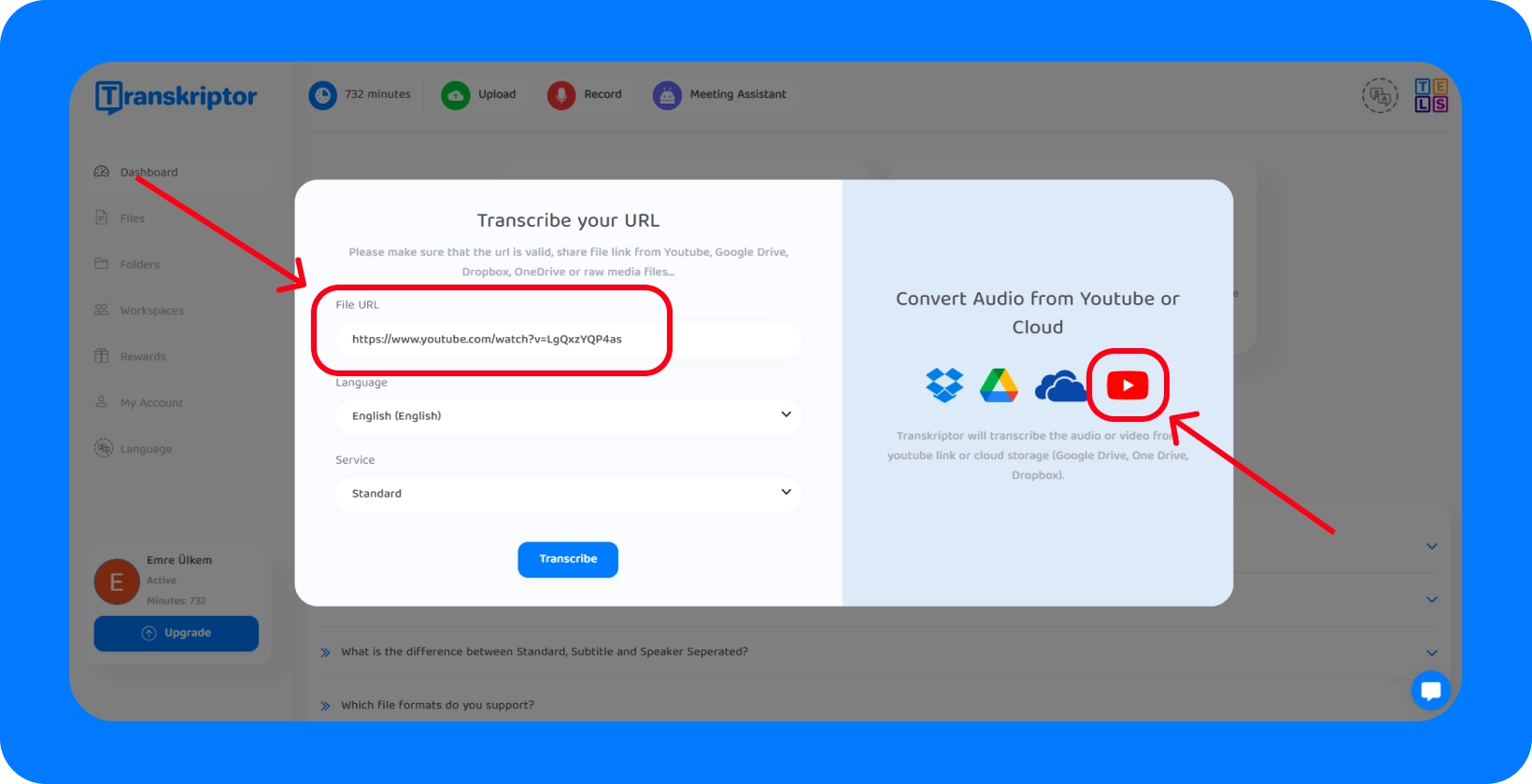 Transkriptor's interface for YouTube video transcription with URL input highlighted, ready for conversion.