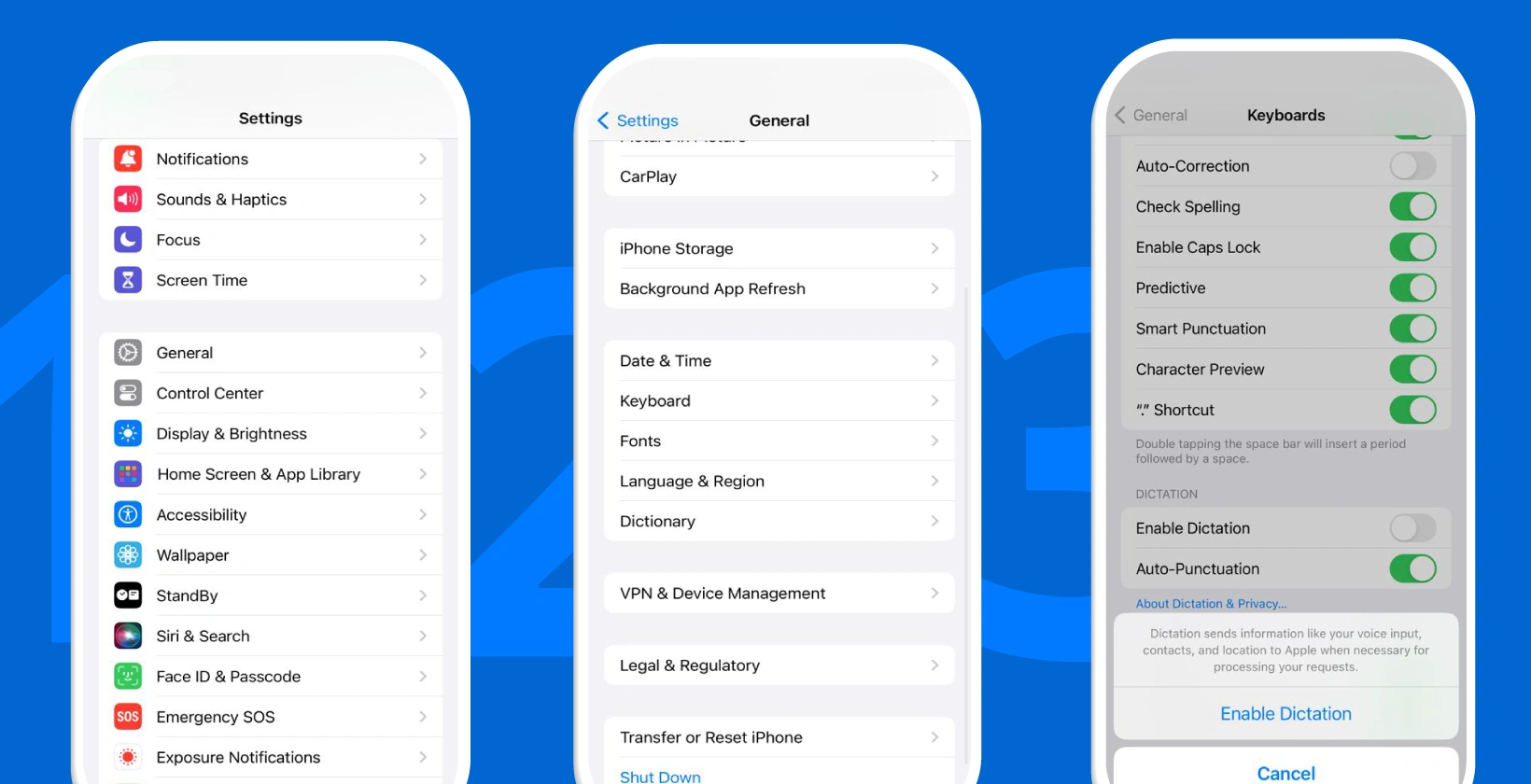 iPhone settings screens showing steps to enable dictation for voice typing.
