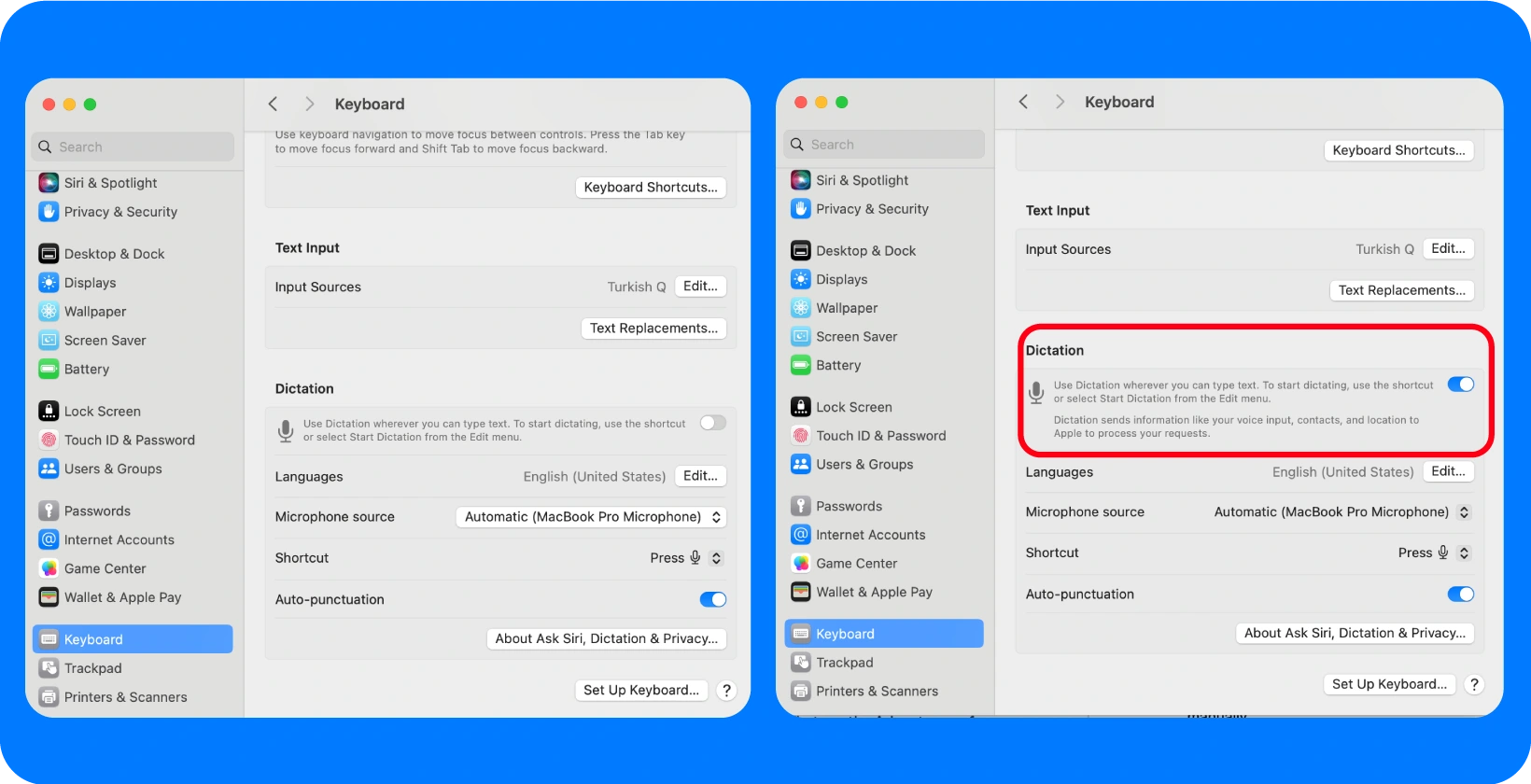 Mac system preferences window showing the dictation option toggled on for voice input.