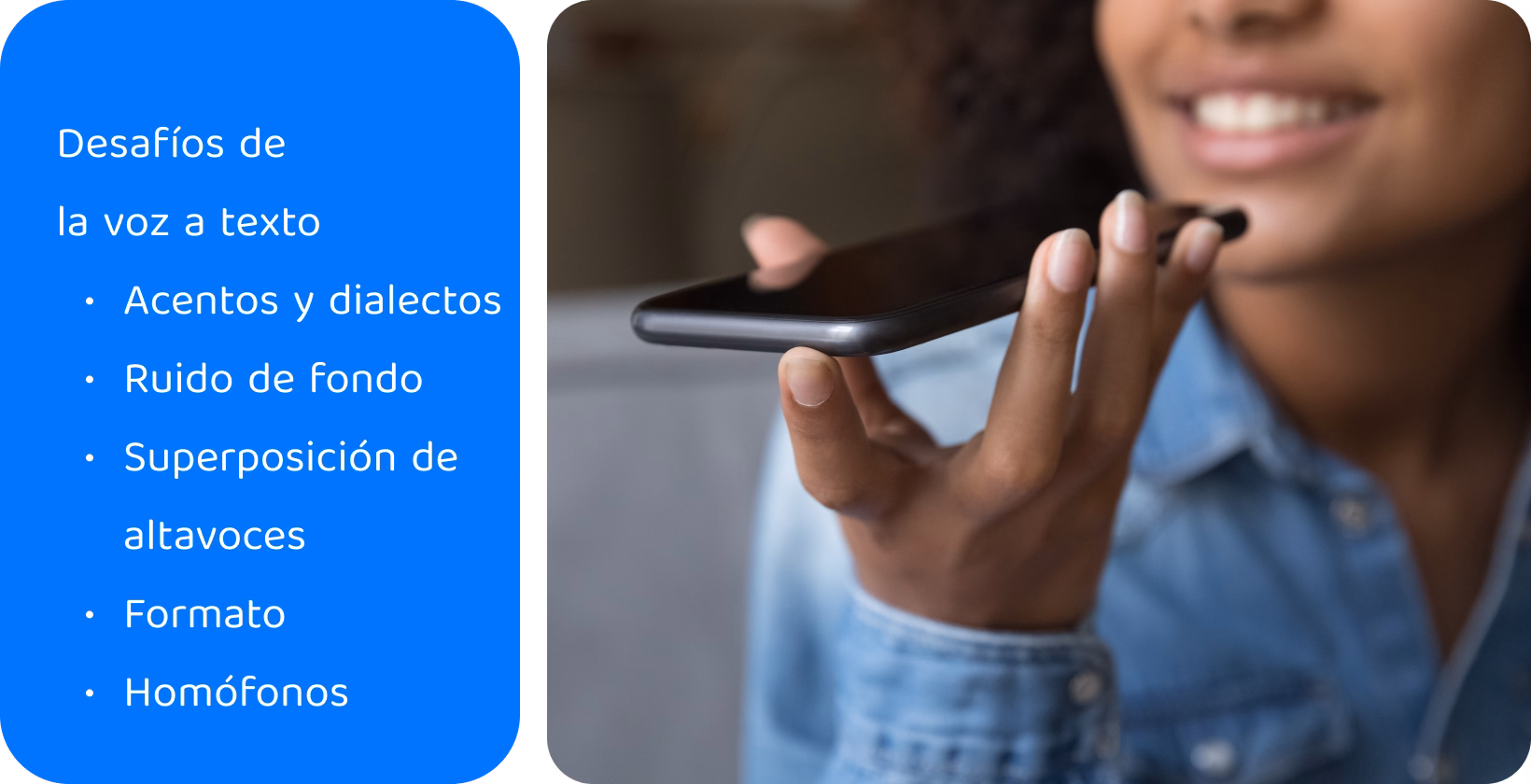 Mujer que usa la tecnología de voz a texto en un teléfono inteligente abordando desafíos como acentos y ruido para transcripciones precisas.