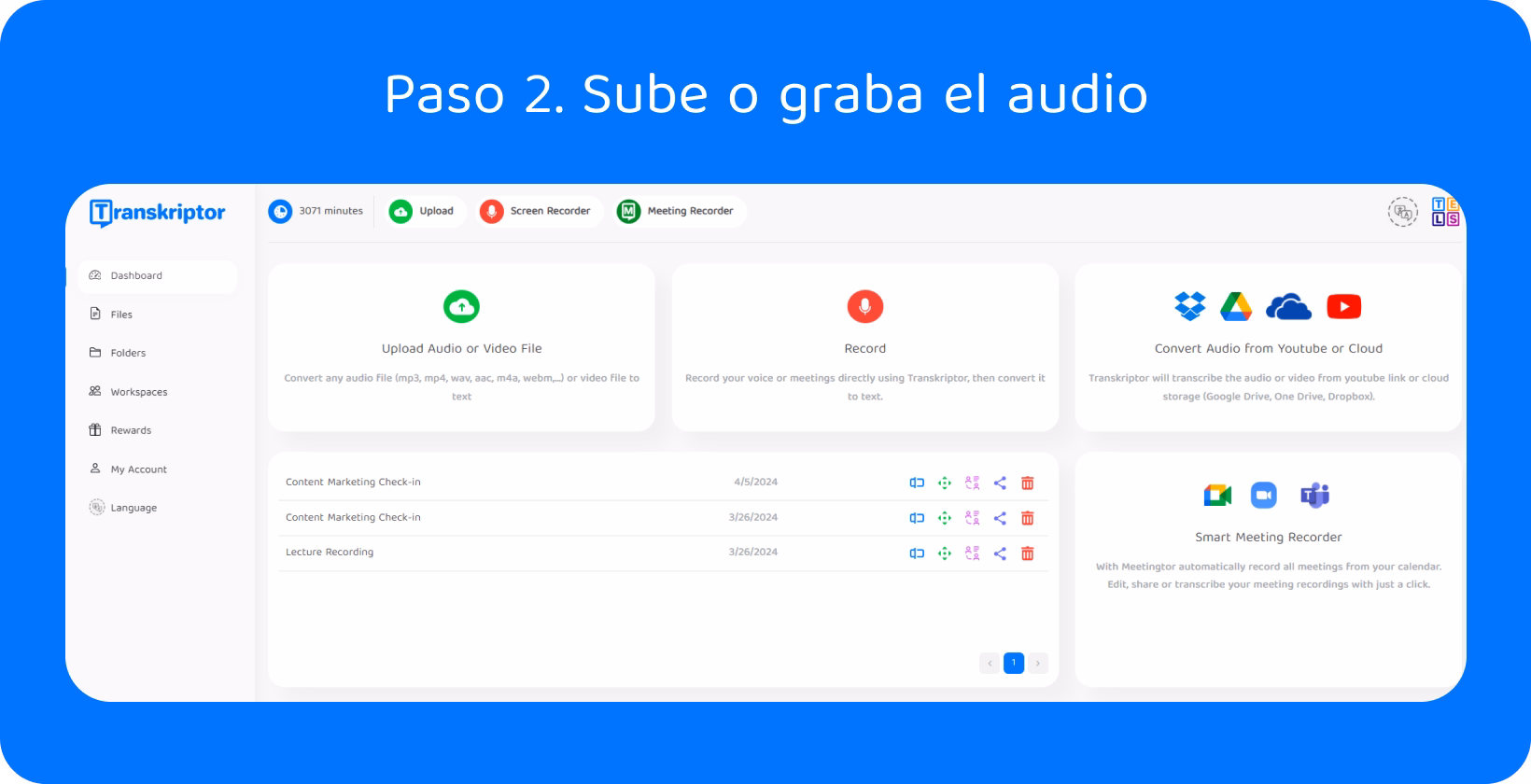 Interfaz de conversión de voz a texto que muestra opciones de carga y grabación para transcribir audio de manera eficiente.
