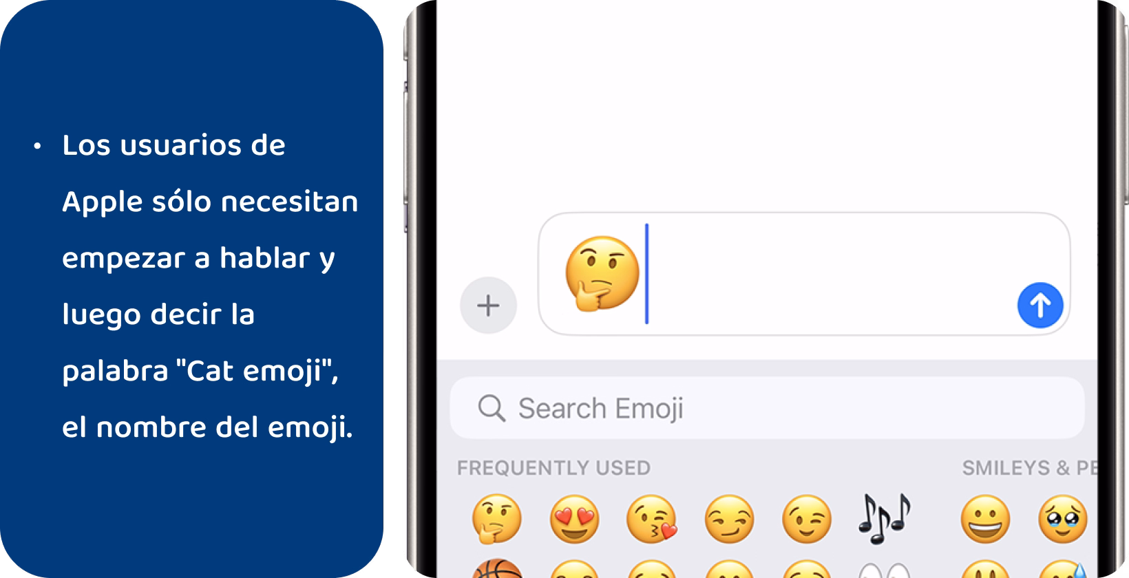 Aprende el dictado del iPhone como se muestra en la pantalla de mensajería con el icono del micrófono y el cursor de texto junto a un emoji.