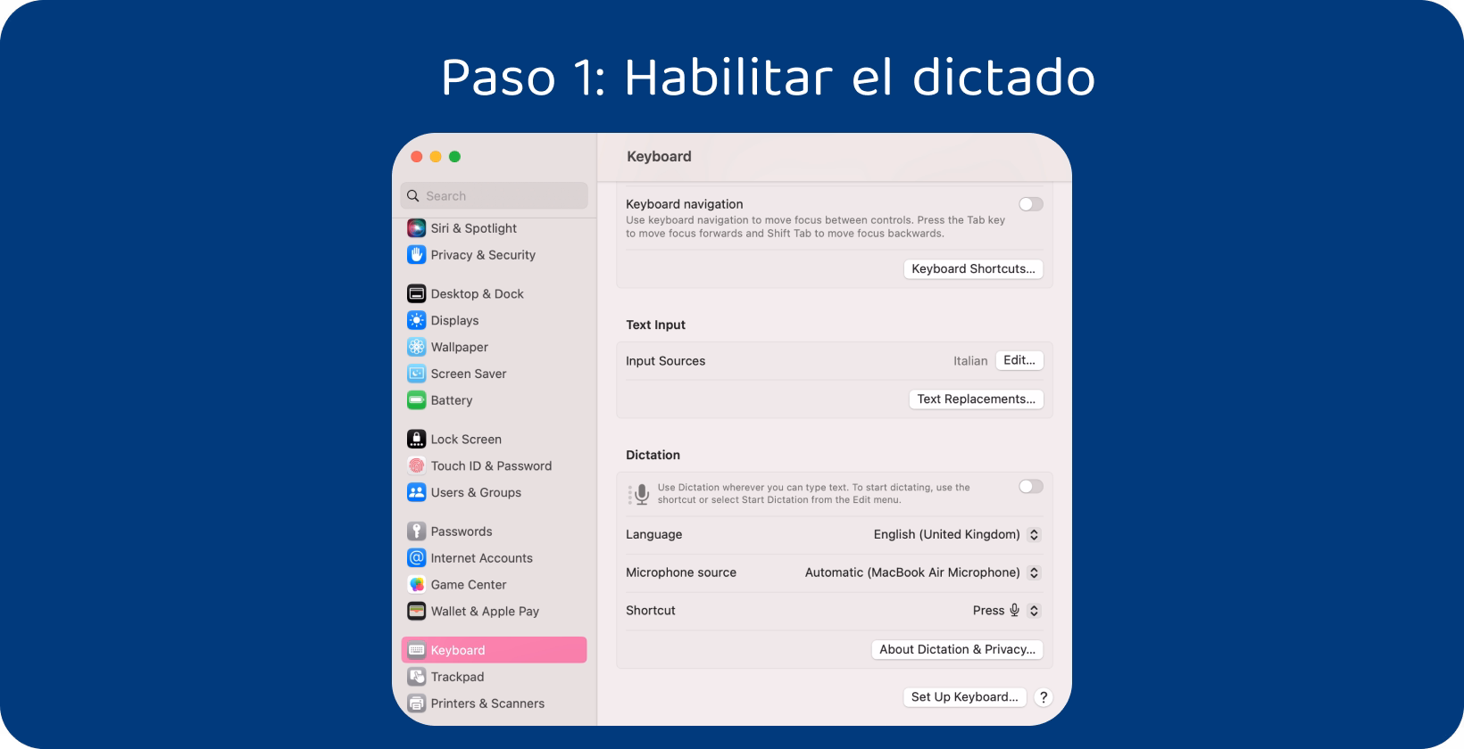 Función de dictado resaltada en la pantalla de configuración de Mac, que muestra los pasos para activar la entrada de voz para una escritura optimizada.