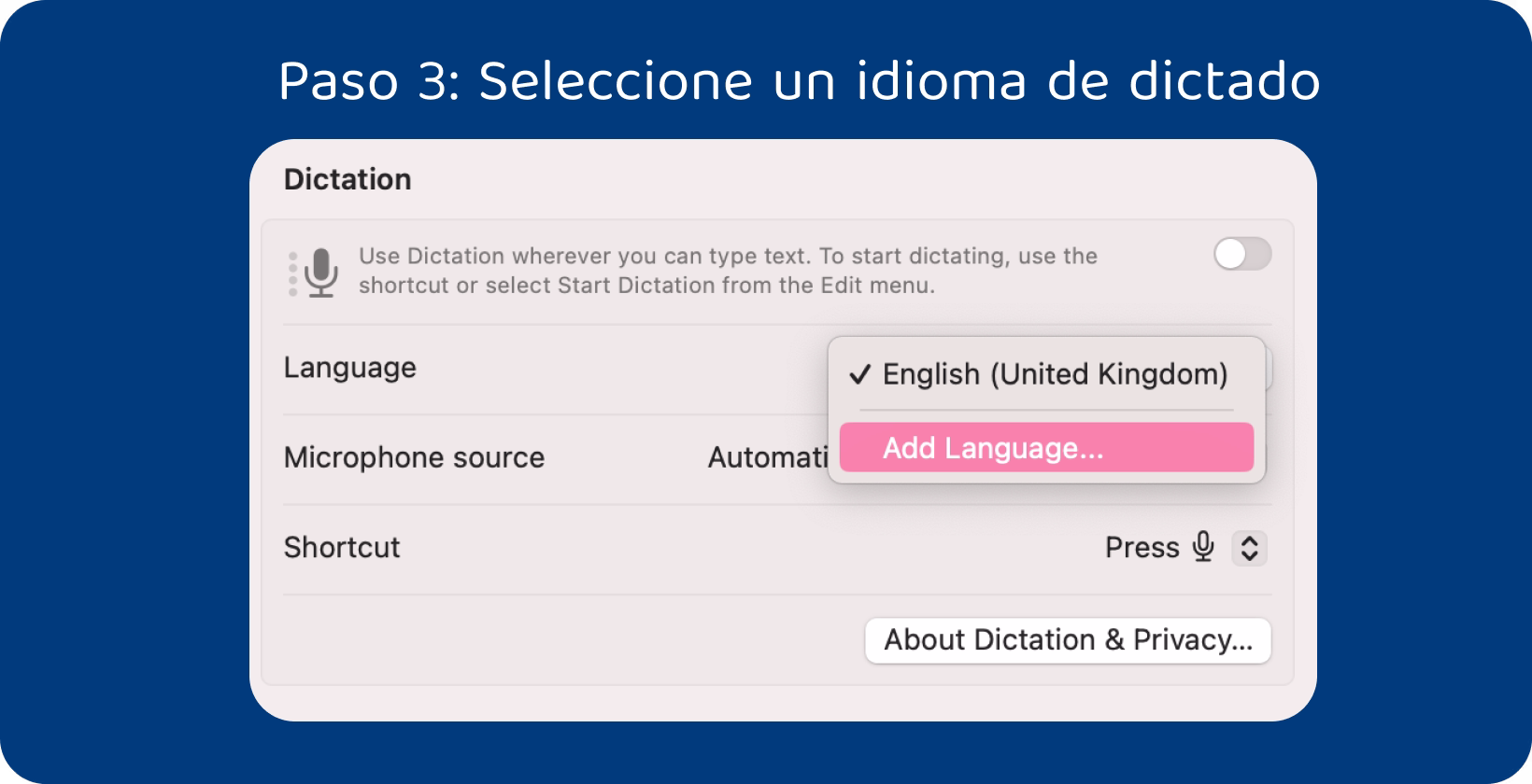 La configuración de dictado de Mac muestra la selección de idioma para una escritura de voz eficiente, con inglés (Reino Unido) resaltado.