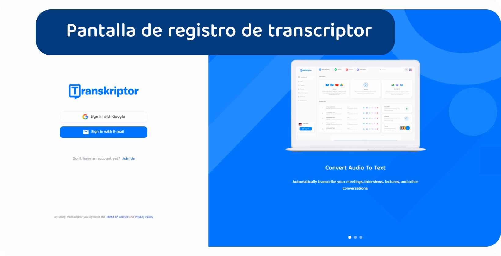 Interfaz de la plataforma de conversión de voz a texto, destacando el proceso para convertir audio en texto editable.