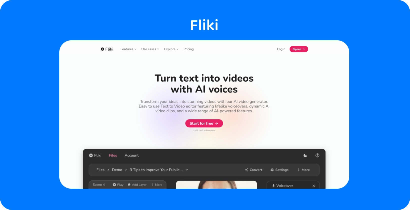 หน้าแพลตฟอร์มของ Fliki แสดงวิธีเปลี่ยนข้อความเป็นวิดีโอด้วยเสียง AI ซึ่งมอบประสบการณ์การแก้ไขข้อความเป็นวิดีโอ