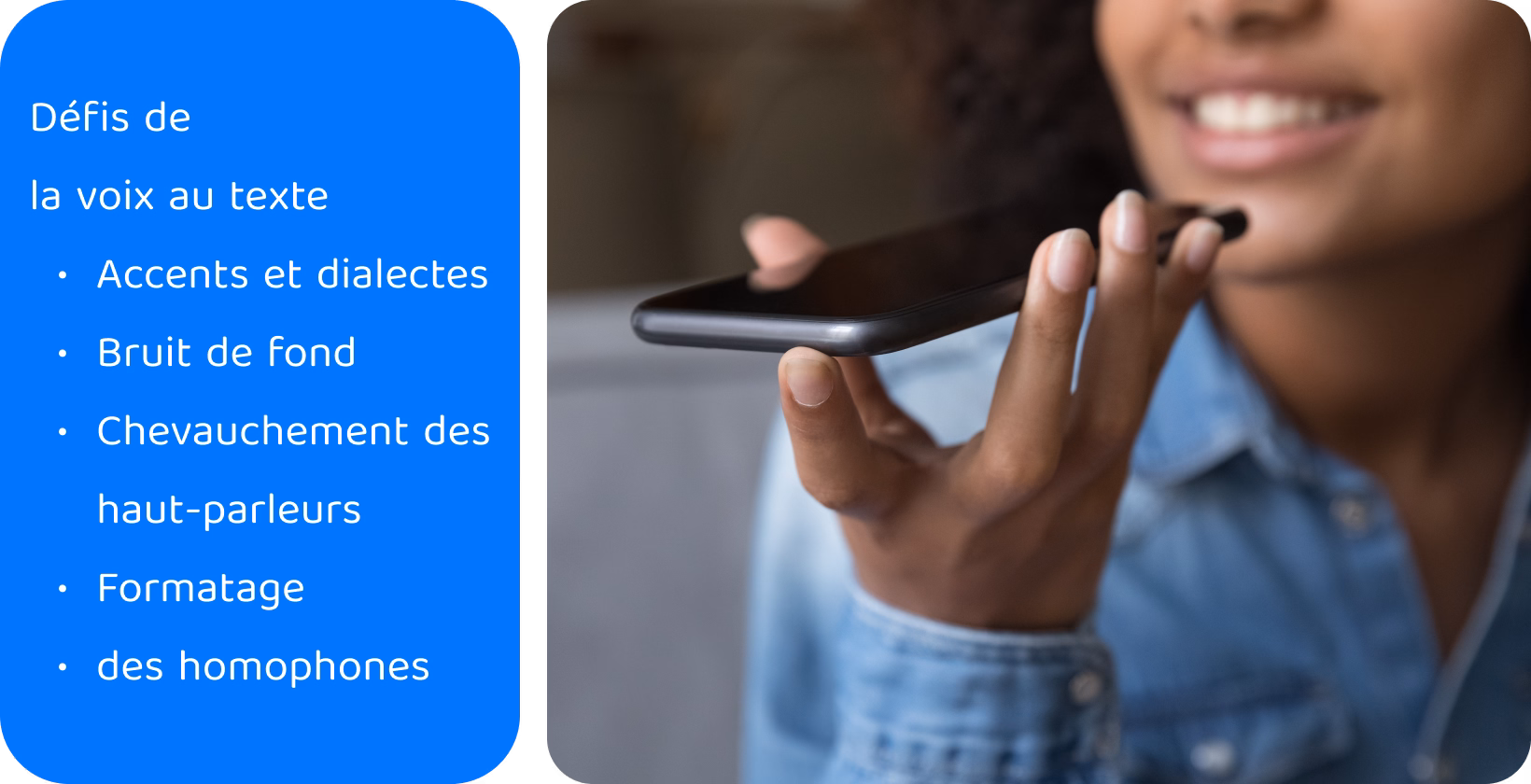 Une femme utilise la technologie voix-texte sur un smartphone, s’attaquant à des défis tels que les accents et le bruit pour des transcriptions précises.