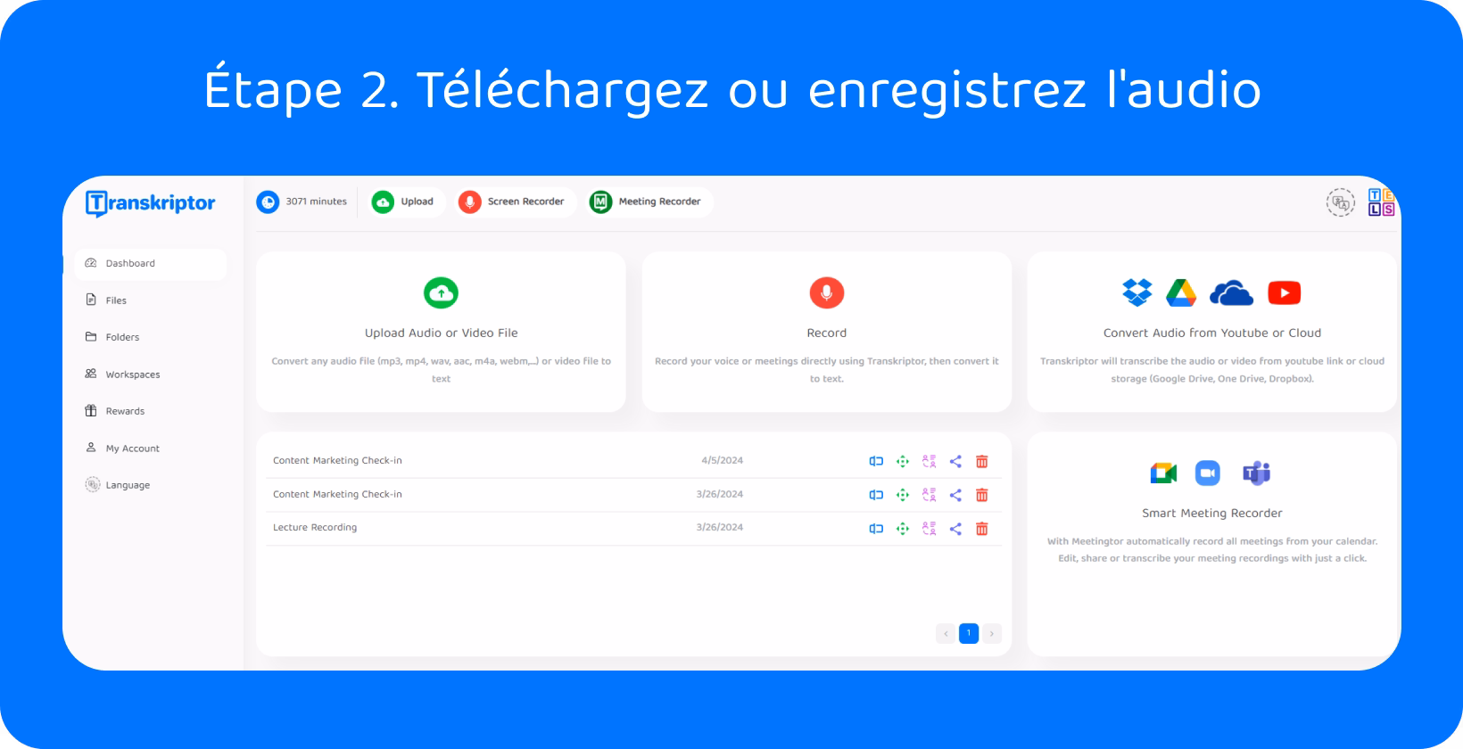 Interface de conversion voix-texte présentant des options de téléchargement et d’enregistrement pour transcrire efficacement l’audio.