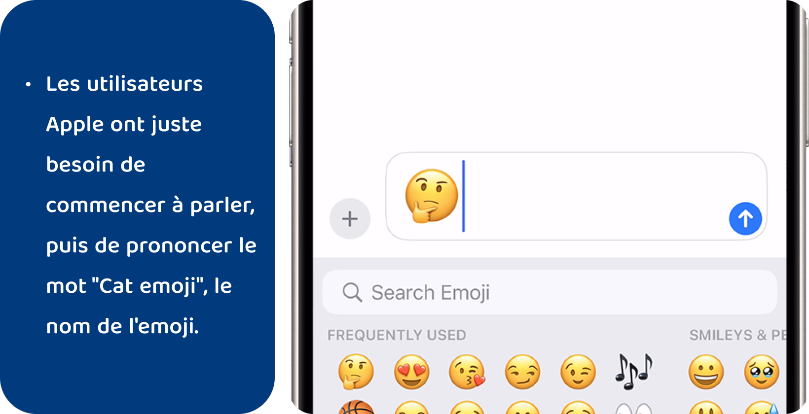 Apprenez la dictée de l’iPhone comme indiqué sur l’écran de messagerie avec l’icône du microphone et le curseur de texte à côté d’un emoji.