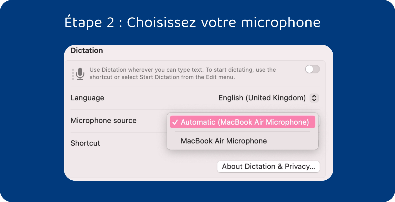 Réglages de dictée sur un Mac affichant les options de langue et la sélection du microphone pour faciliter la saisie à l’aide de commandes vocales.