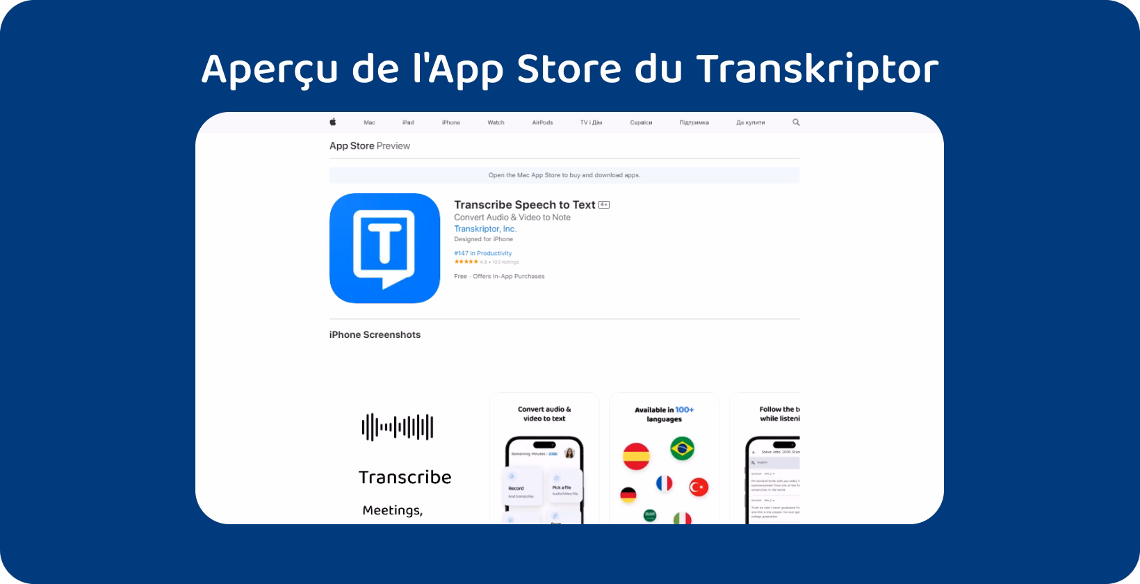 L’application Transkriptor est présentée sur un App Store, illustrant une conversion transparente de la voix en texte pour une prise de notes efficace.