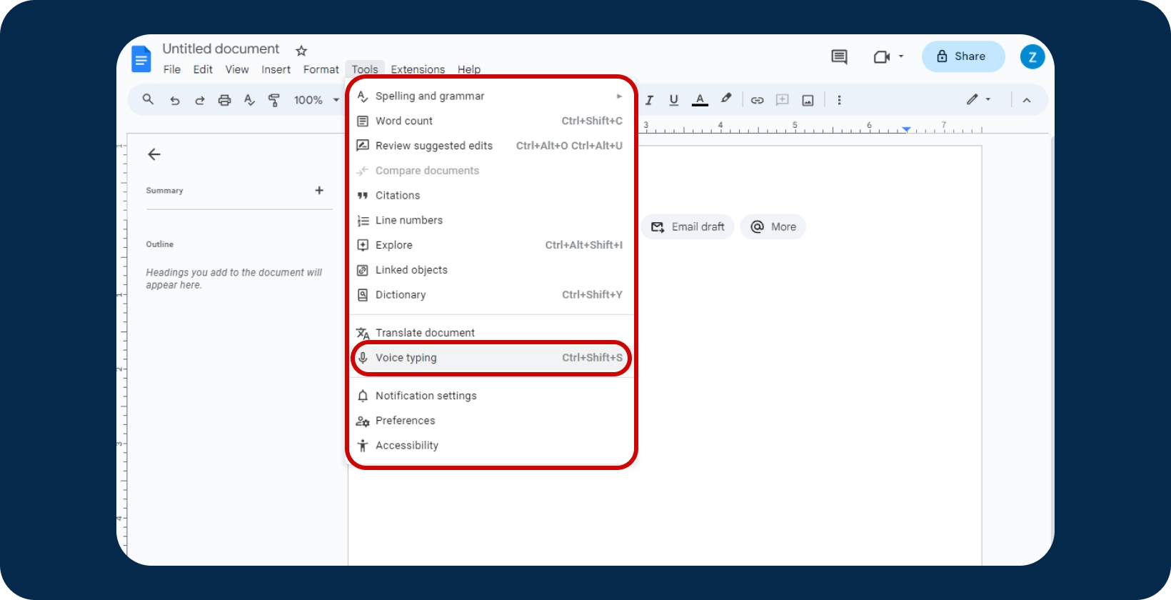 Google Docs' 'Voice typing' feature, showcasing its being a dictation tool for legal document creation.
