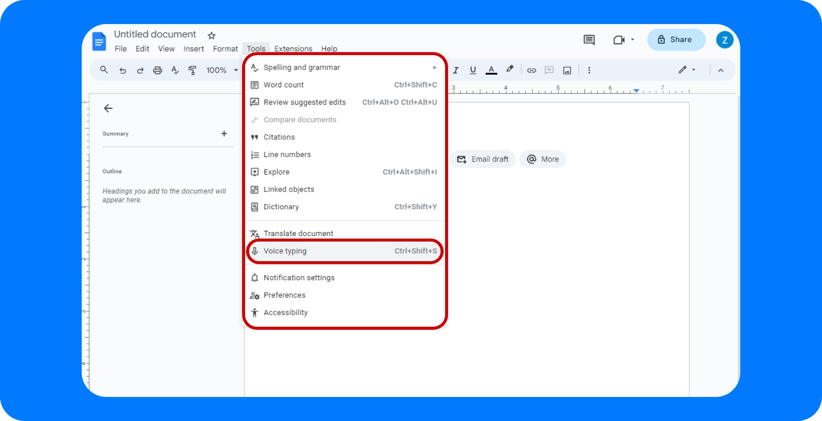 Google Docs document with the 'Voice typing' function, showcasing the tool's capability for hands-free typing.