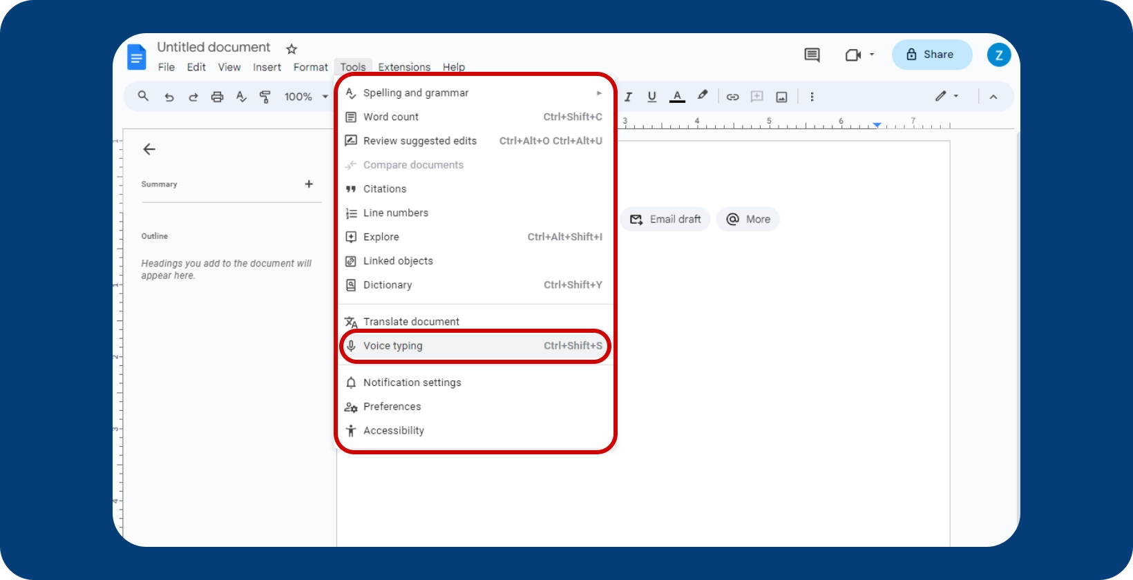 Google Docs screen with tools menu open, highlighting the 'Voice typing' feature.