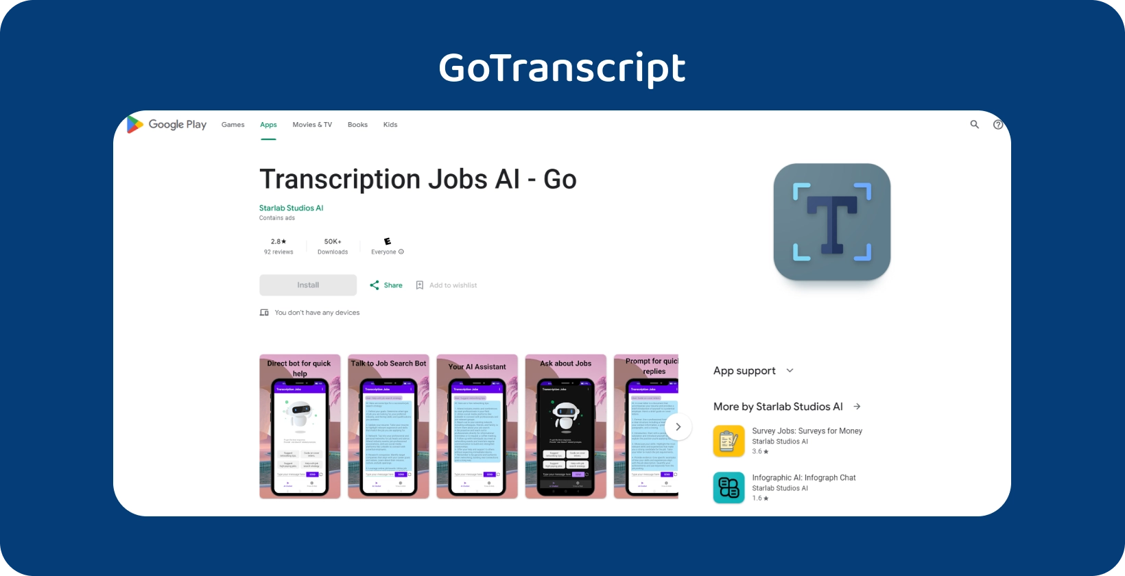 Aplicación GoTranscript en Google Play, diseñada para administrar trabajos de transcripción con una interfaz móvil intuitiva.