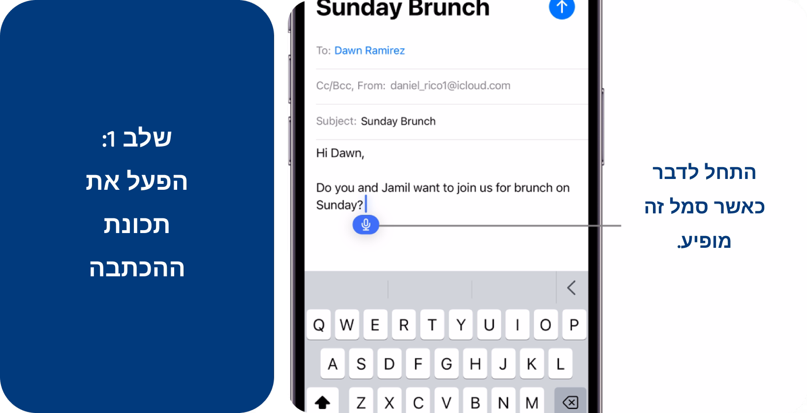 תכונת ההכתבה iPhone של המשתמש, המוכנה לדבר עבור הזנת טקסט בדוא"ל, מדגימה הקלדה ללא שימוש בידיים. 
