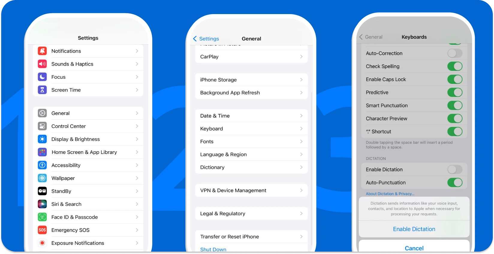 iPhone settings screens showing steps to enable the dictation feature for convenient voice-to-text.
