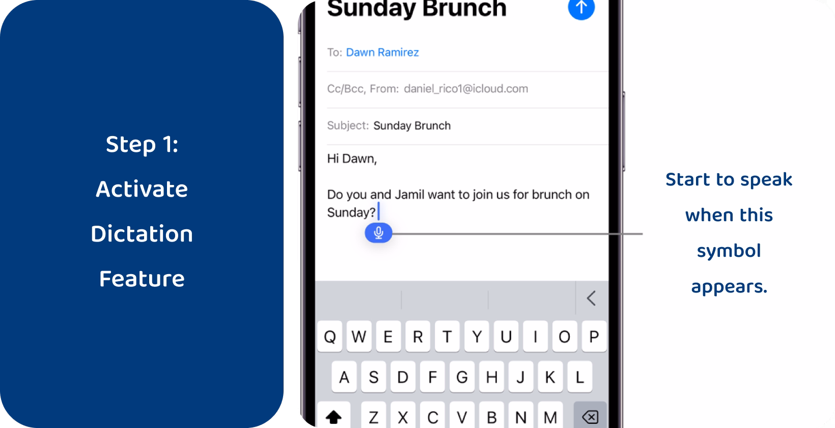 Người dùng kích hoạt tính năng đọc chính tả iPhone, sẵn sàng nói để nhập văn bản email, minh họa thao tác gõ rảnh tay. 