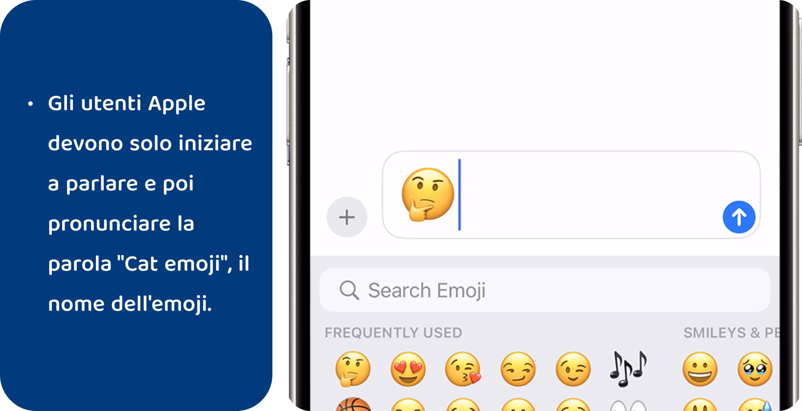 Impara la dettatura di iPhone come mostrato nella schermata dei messaggi con l'icona del microfono e il cursore di testo accanto a un'emoji.