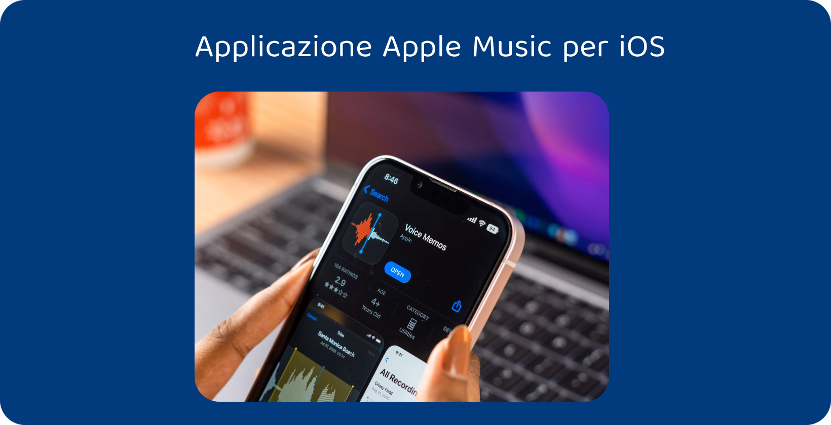 Conversione di memo vocali in MP3 su uno smartphone con l'app Memo vocali iOS visualizzata, pronta per la gestione dei file audio.