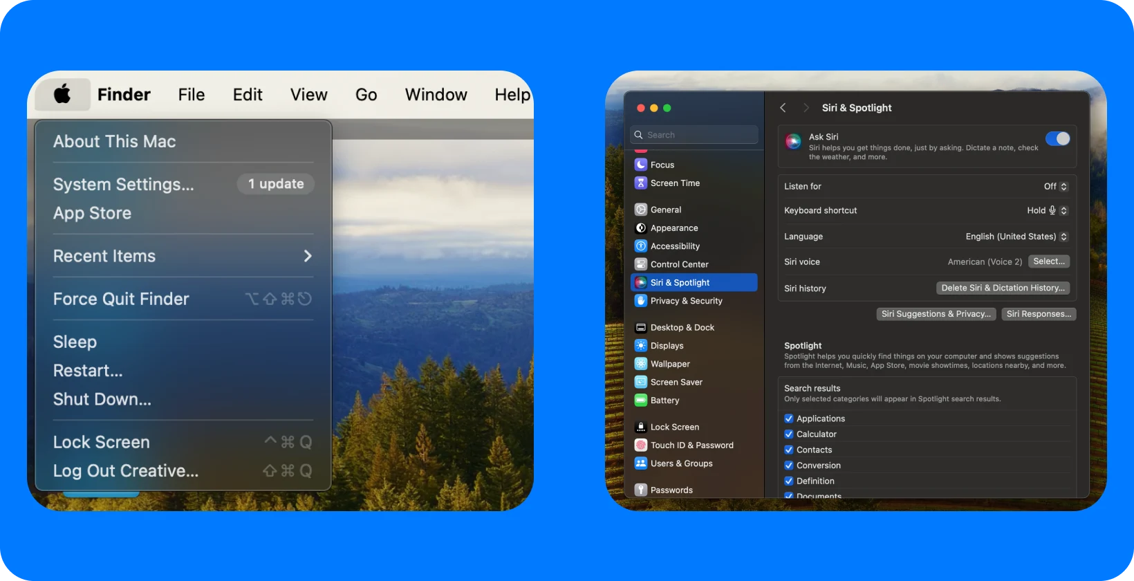 Siri & Spotlight' preferences on a Mac, indicating the capabilities of Mac's built-in dictation for lawyers.