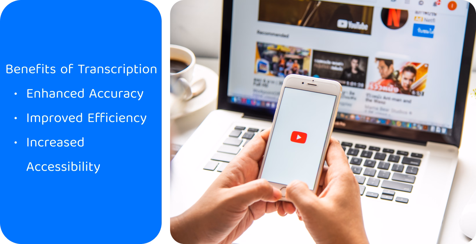 Transkrypcja w badaniach medycznych usprawnia obsługę danych, pokazując telefon i laptop używane do dokumentacji.