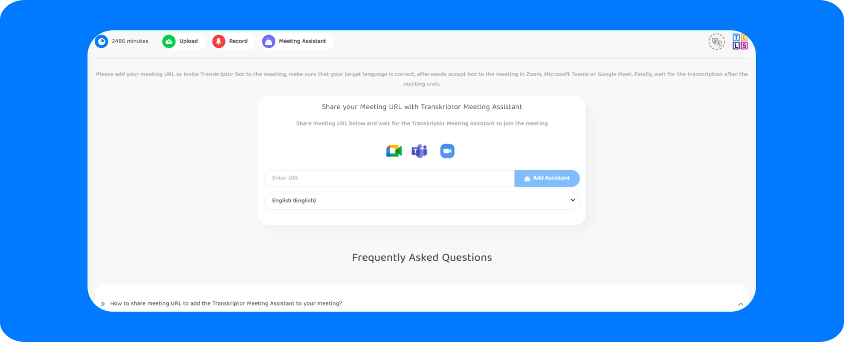 Screen displaying Transkriptor's Meeting Assistant integration with Zoom, Teams, and Meet.