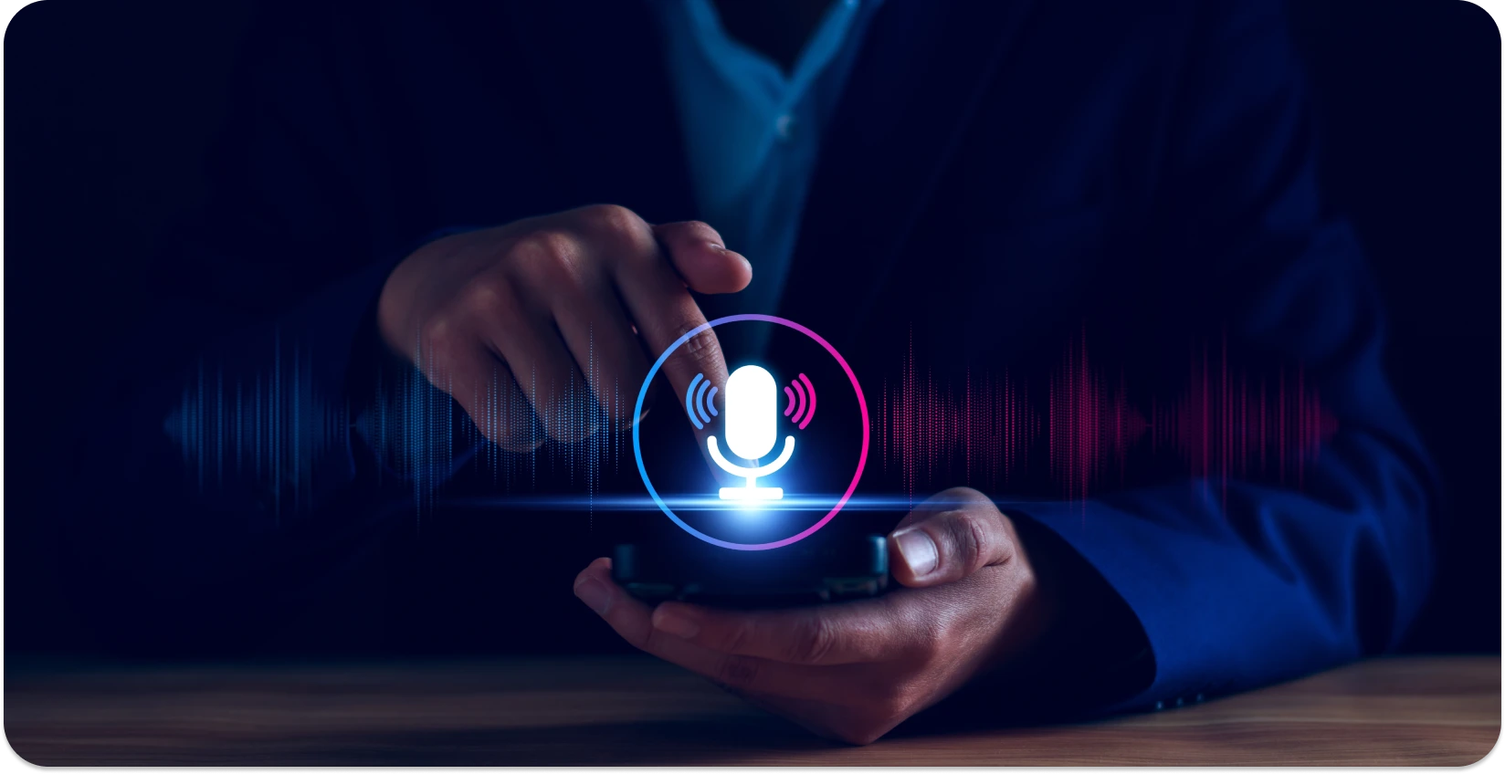 Business person activating digital voice recognition for memo transcription on a smartphone.