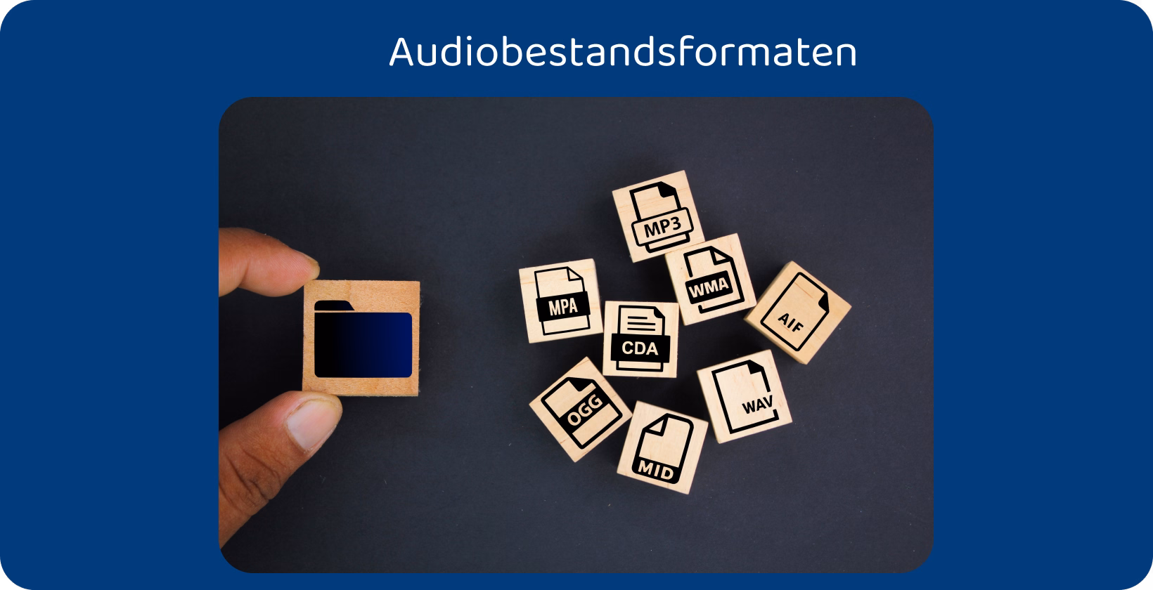 Hand die een houten tegel met een lege ruimte met MP3 en andere audioformaten vasthoudt, die de omzetting aan MP3 illustreren.