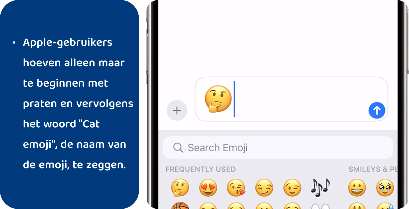 Leer iPhone dicteren zoals weergegeven op het berichtenscherm met het microfoonpictogram en de tekstcursor naast een emoji.