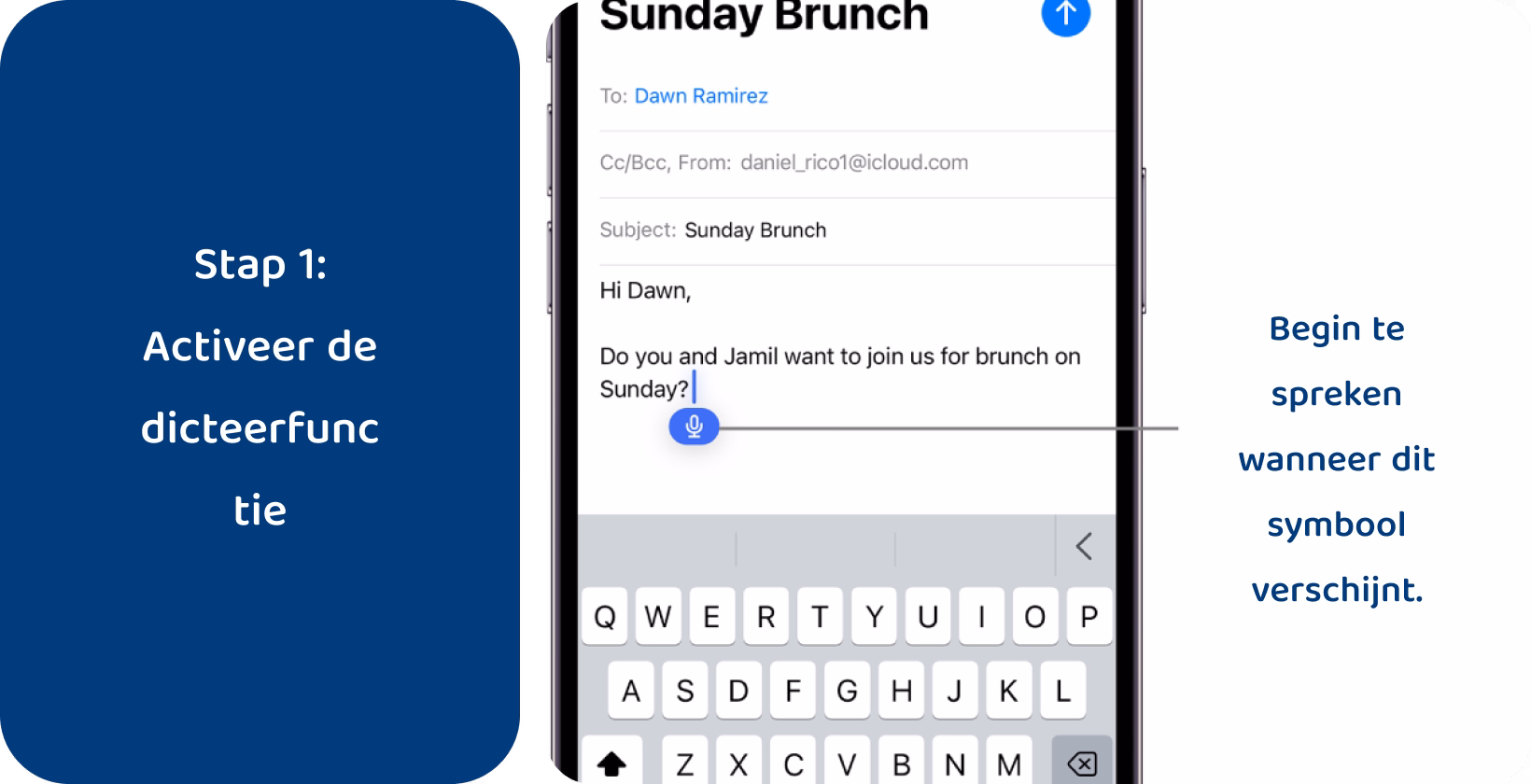 De gebruiker die iPhone dicteerfunctie activeert, klaar om te spreken voor het invoeren van e-mailtekst, illustreert handsfree typen. 