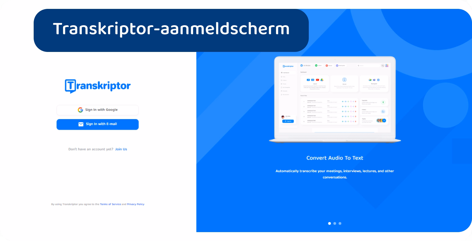 Interface van het spraak-naar-tekstconversieplatform, waarin het proces wordt benadrukt om audio om te zetten in bewerkbare tekst.