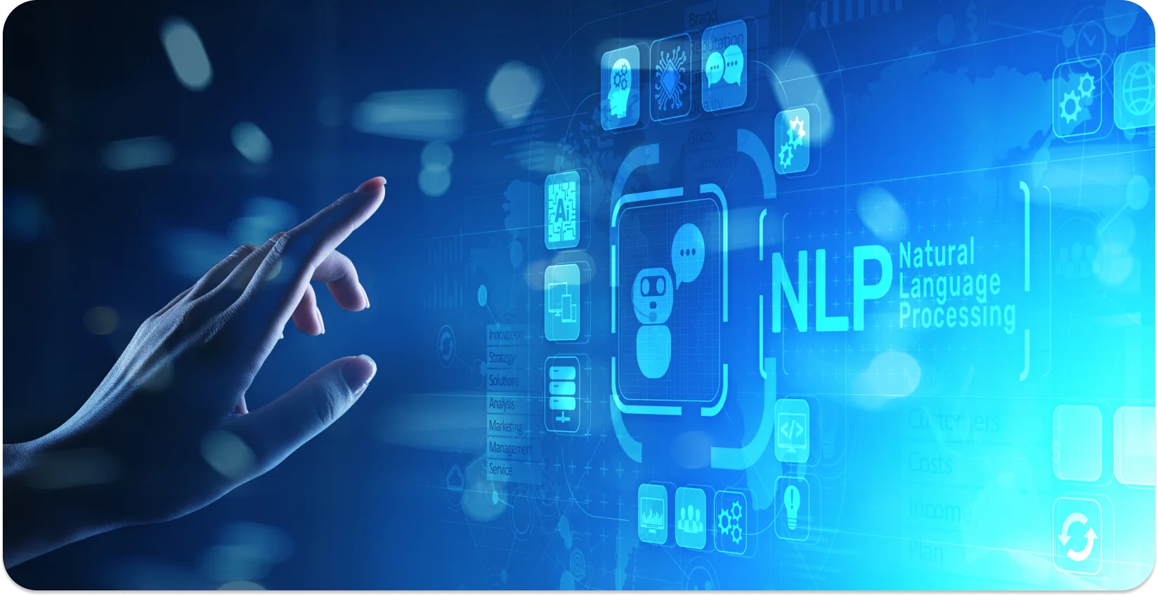 Illustration of a hand touching nlp and a complex visualization of speech recognition technology.