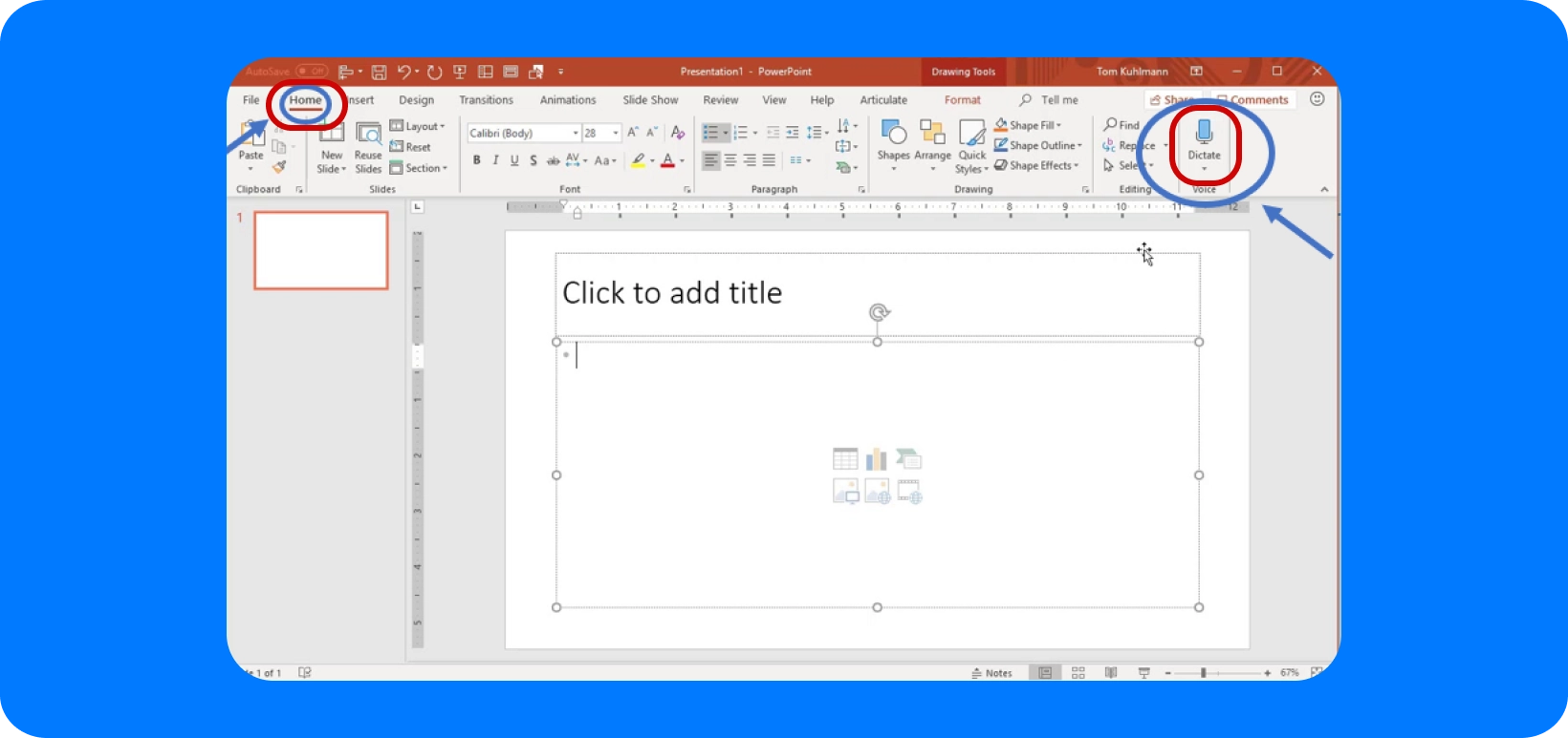 PowerPoint interface highlighting the 'Dictate' function for audio-to-text conversion.
