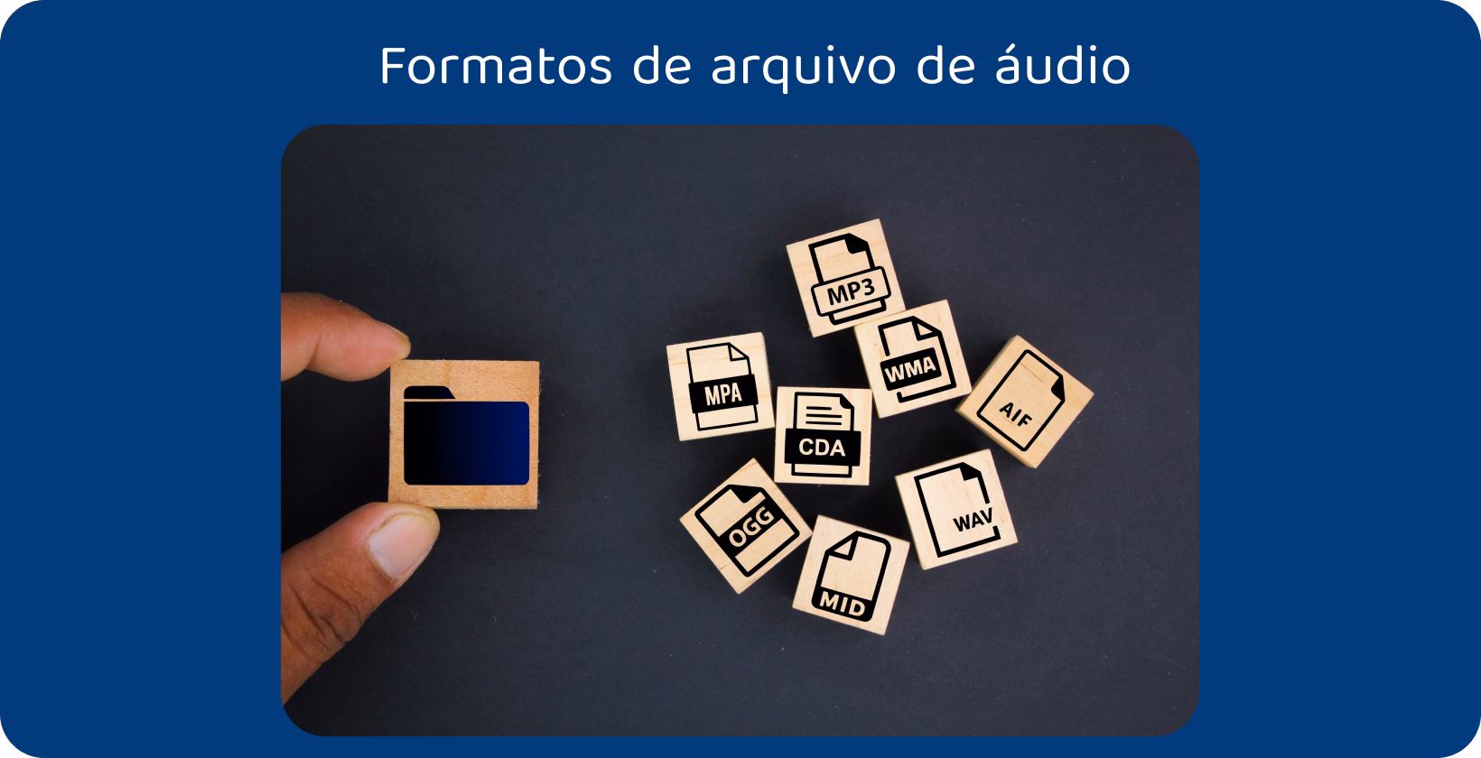 Mão segurando uma telha de madeira com um espaço em branco marcado com MP3 e outros formatos de áudio, ilustrando a conversão para MP3.