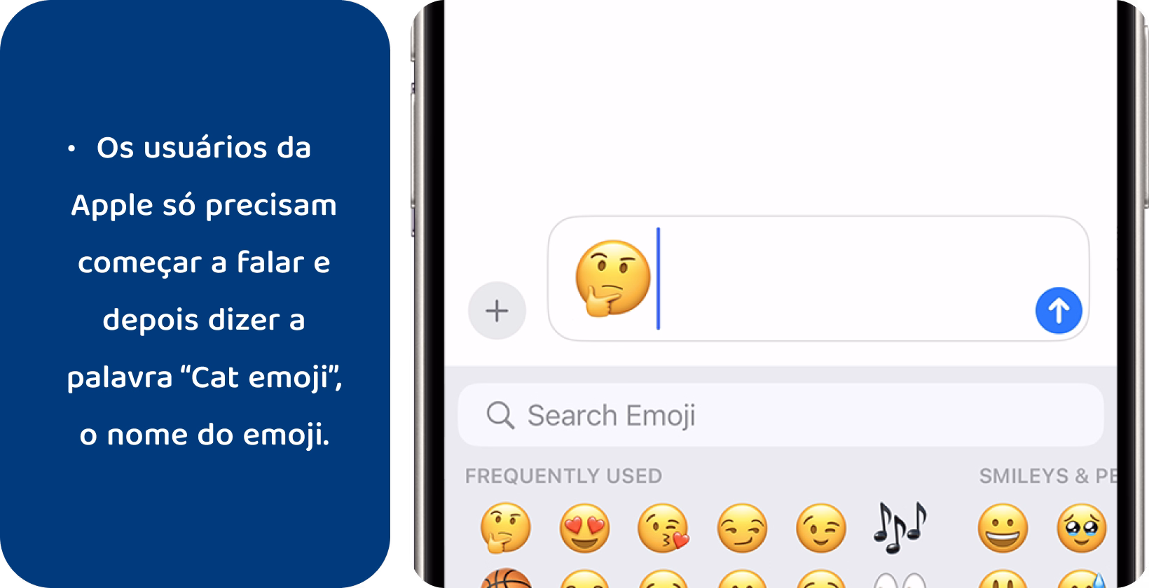 Saiba iPhone ditado conforme mostrado na tela de mensagens com o ícone do microfone e o cursor de texto ao lado de um emoji.