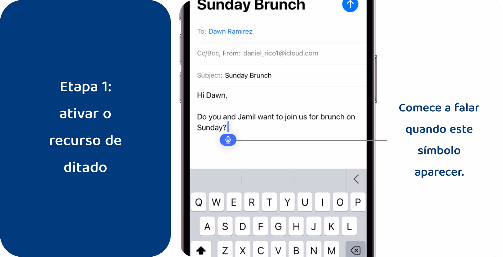 O usuário ativando iPhone recurso de ditado, pronto para falar para entrada de texto por e-mail, ilustra a digitação mãos-livres. 