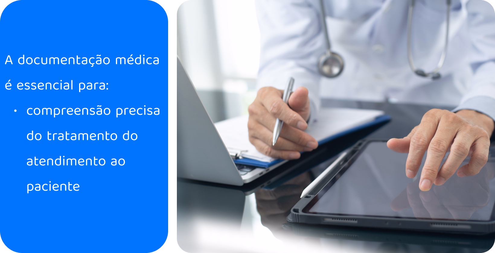 Transcrição em ação com um profissional médico usando ferramentas digitais para garantir uma documentação precisa do atendimento ao paciente.