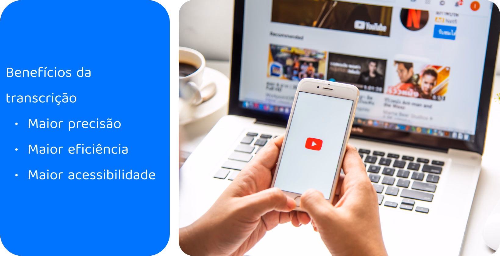 A transcrição na pesquisa médica agiliza o manuseio de dados, mostrando um telefone e um laptop usados para documentação.